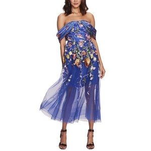 Marchesa Notte Floral Blue Off-Shoulder Dress